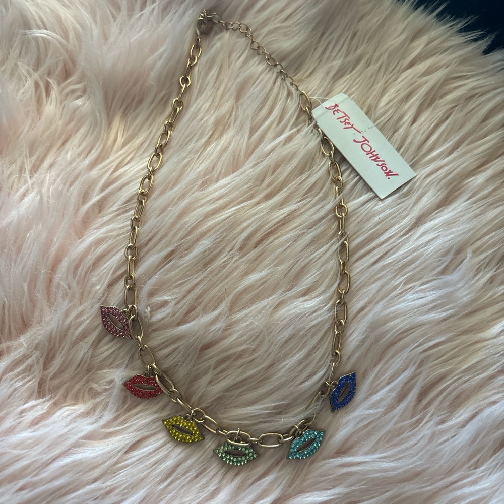 Betsey Johnson Gold-Tone Necklace with Multicolor Lip Charms